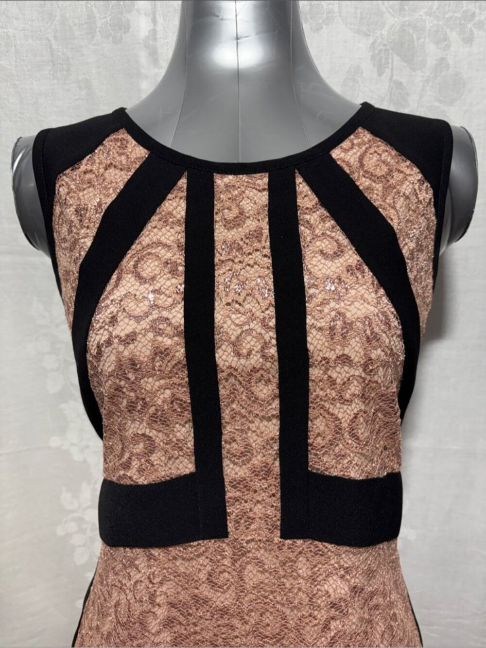 Ivanka Trump Rose Gold Pink Lace Midi Dress with Black Paneling Size 16 - Picture 3 of 7
